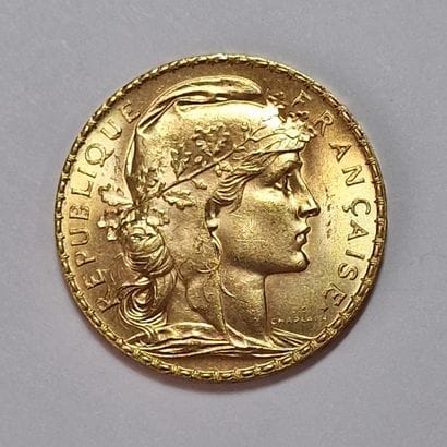 1 PIECE DE 20 FRANCS FRANCAIS OR au Coq Année...