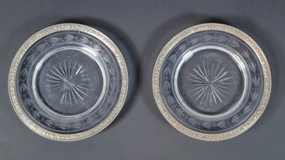 A PAIR OF round engraved white crystal BOTTLE...