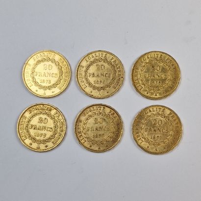 6 PIECES DE 20 FRANCS FRANCAIS OR au Génie,...