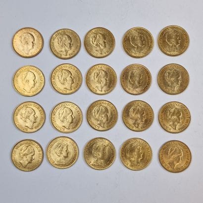 20 PIECES DE 10 FLORINS NEERLANDAIS OR Wilhelmine,...