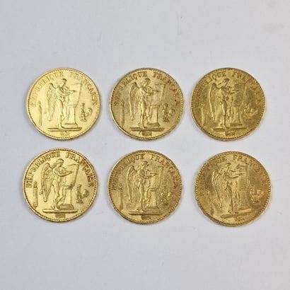 6 PIECES DE 20 FRANCS FRANCAIS OR au Génie,...