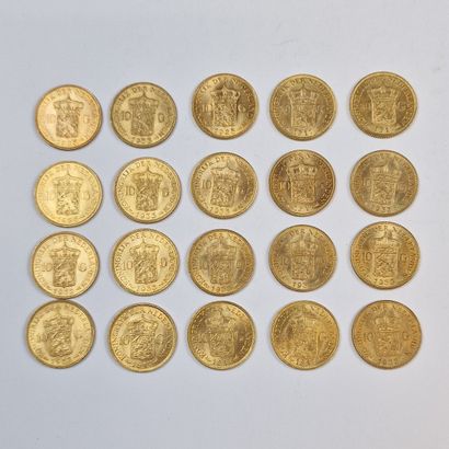 20 PIECES DE 10 FLORINS NEERLANDAIS OR Wilhelmine,...