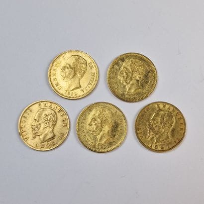 5 PIECE DE 20 LIRES ITALIENNES OR Umberto...