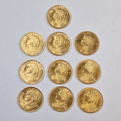 10 PIECES DE 20 FRANCS SUISSES OR Année 1935
P....