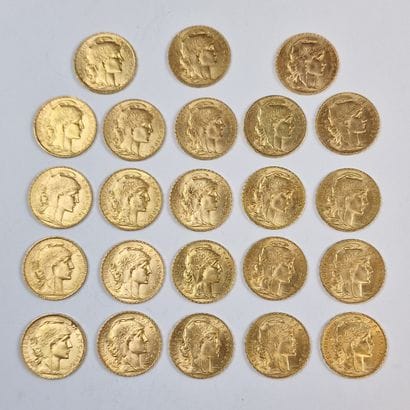 23 PIECES DE 20 FRANCS FRANCAIS OR au Coq,...