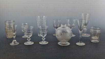 15 ANCIENT GLASSES, some blown, some engraved...