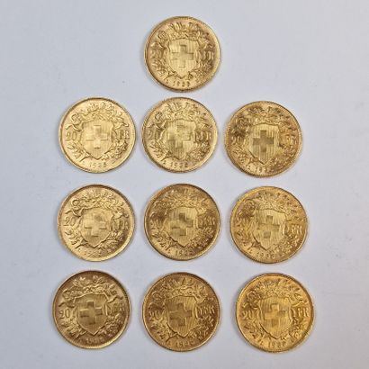 10 PIECES DE 20 FRANCS SUISSES OR Année 1935
P....