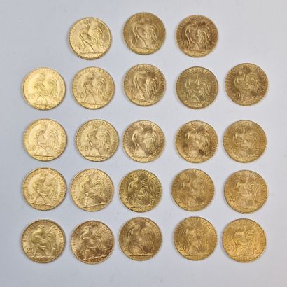 23 PIECES DE 20 FRANCS FRANCAIS OR au Coq,...