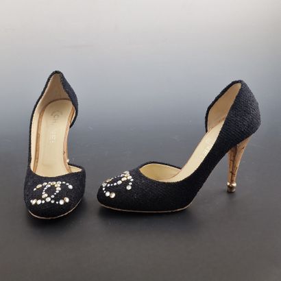 CHANEL - Pair of open-toe black tweed and...