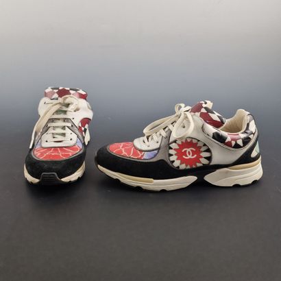 CHANEL - Pair of multi-material lace-up SNEAKERS...