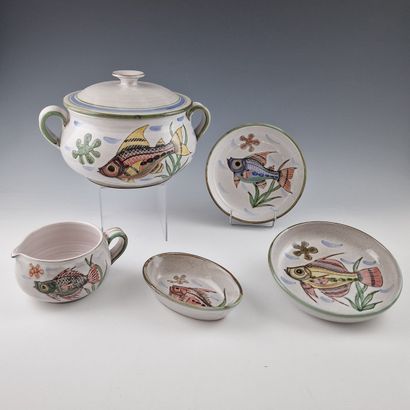 VALLAURIS - 12 PIECES FISH SOUP SET in glazed...