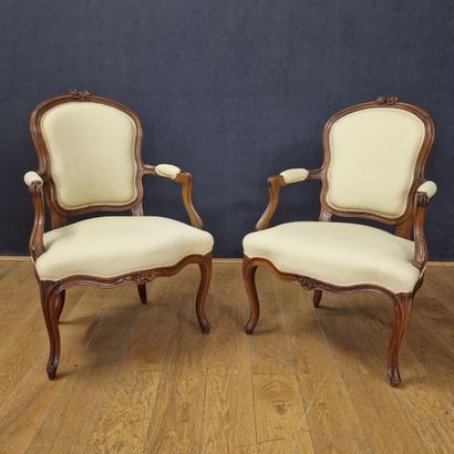 Pair of Louis XV period walnut cabriolet...