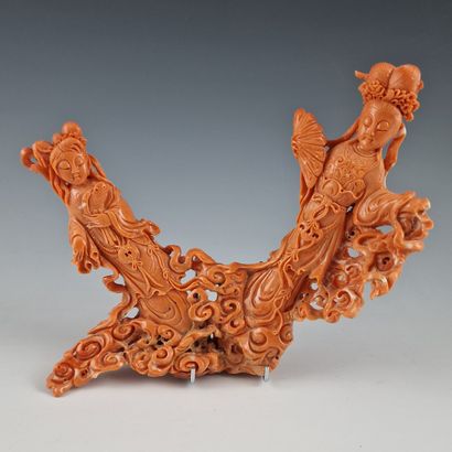 GROUPE EN CORAIL sculpté Travail asiatique...