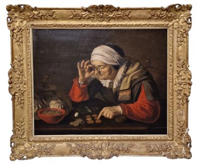 THE OLD USURER OIL ON OAK PANEL 63 x 80.5...
