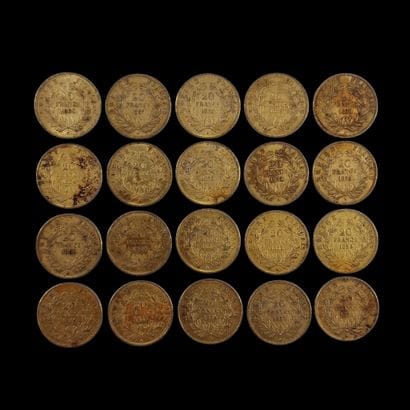 20 PIECES DE 20 FRANCS FRANCAIS OR Napoléon...