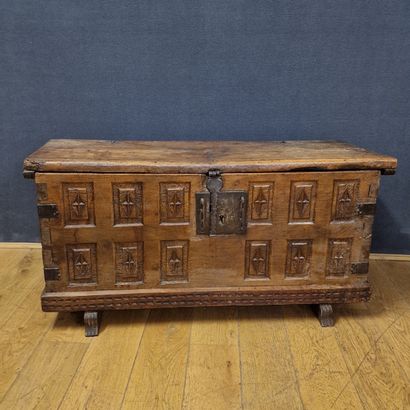 XVI-XVIIth Century walnut COFFRE carved with...