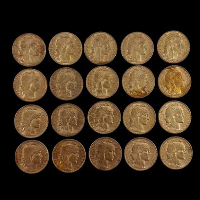 20 PIECES DE 20 FRANCS FRANCAIS OR au Coq
P....