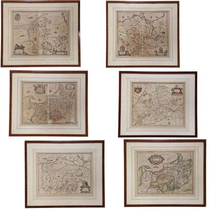 SIX ANCIENT CARD ENGRAVINGS in watercolor...
