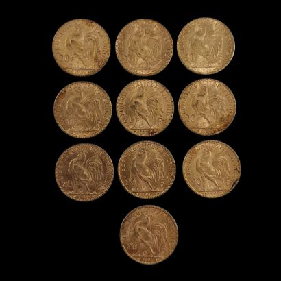 10 PIECES DE 20 FRANCS FRANCAIS OR au Coq
P....