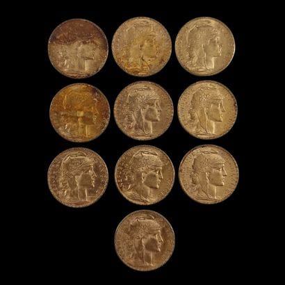 10 PIECES DE 20 FRANCS FRANCAIS OR au Coq
P....