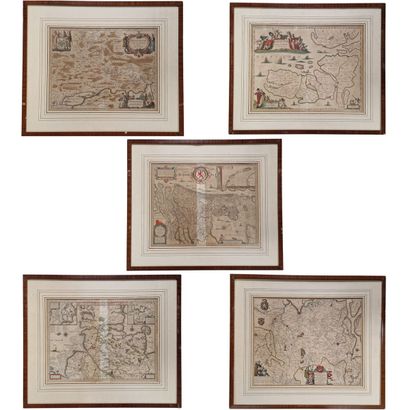 FIVE ANCIENT CARD ENGRAVINGS in watercolor...