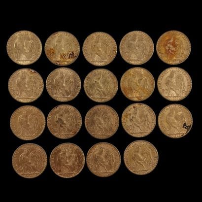 19 PIECES DE 20 FRANCS FRANCAIS OR au Coq
P....