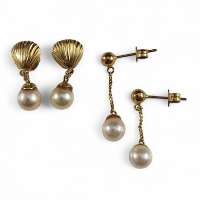 TWO PAIRS OF MODERN EAR PENDANTS mounted...