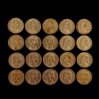20 PIECES DE 20 FRANCS FRANCAIS OR au Coq
P....