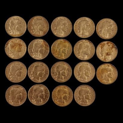19 PIECES DE 20 FRANCS FRANCAIS OR au Coq
P....