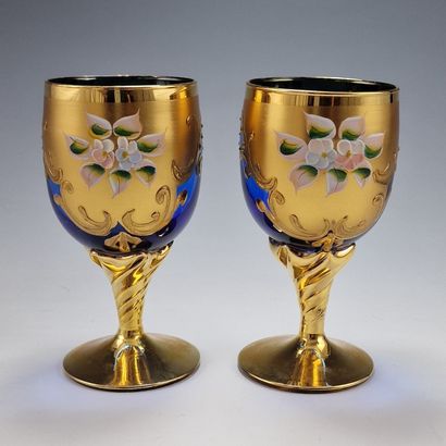 SUITE OF 6 BLUE AND GOLD GLASS BALLASTER...