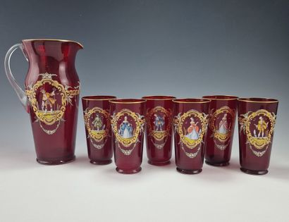 7 PIECES ORANGEADE SERVICE in Murano red...