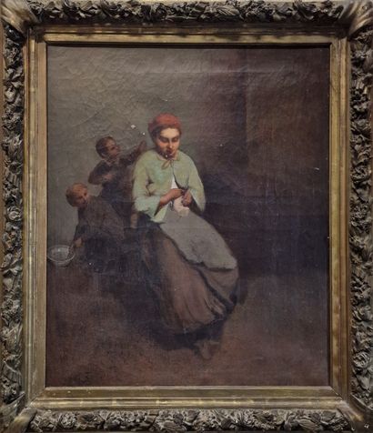 ECOLE DE LA FIN DU XIXEME SIECLE
Mère reprisant...