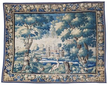 Wool and silk TAPESTRY depicting a wooded...
