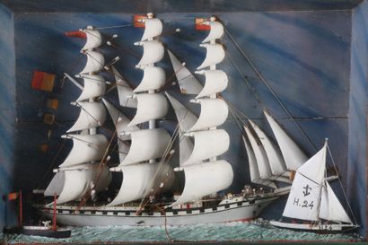 DIORAMA - Un trois-mâts barque, voiles en...