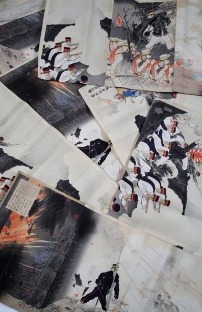 Ensemble d'estampes polychromes sur la guerre...