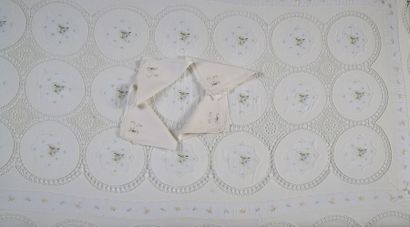 NAPPE ET SES 12 SERVIETTES en lin brodé et...