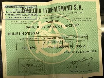 1 LINGOT D'OR n° 170369

Poids or. 995.6...