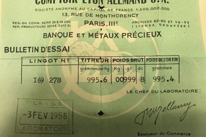 1 LINGOT D'OR n° 169278

Poids or. 996.6...