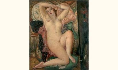 Akira TANAKA.
Nu au coussin.
Huile sur toile....