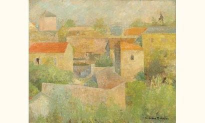 Thérèse DEBAINS.
Village.
Huile sur toile;...