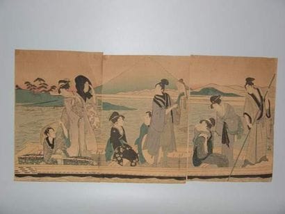 JAPON
Estampe d'Utamaro, triptyque, un bac...