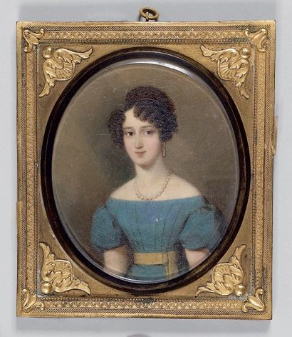 Miniature ovale sur cuivre Portrait de jeune...