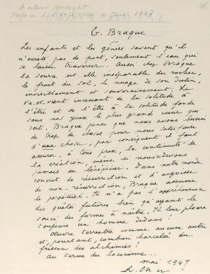 CHAR René. G. BRAQUE.
MANUSCRIT AUTOGRAPHE...
