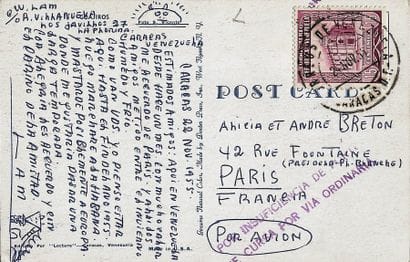 LAM. Wifredo.
CARTE POSTALE AUTOGRAPHE SIGNÉE...