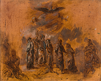 Enchères - Eugène DELACROIX (1798-1863) Homère avec les poètes Ovide, Horace et Lucain, reçoit dans l’Elysée Dante, amené par Virgile.