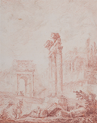Enchères - Hubert ROBERT (1733-1808) Promeneurs se reposant au Forum près de l’Arc de Titus et du Temple de Castor et Pollux