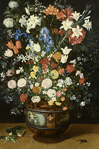 Jan BRUEGHEL le Jeune (1601-1678) Grand bouquet de fleurs dans un vase de majolique italienne Huile sur toile.