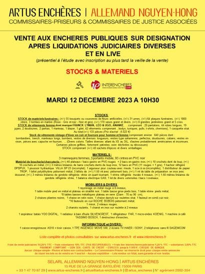 VENTE APRES LIQUIDATIONS JUDICIAIRES DIVERSES | STOCKS ET MATERIELS