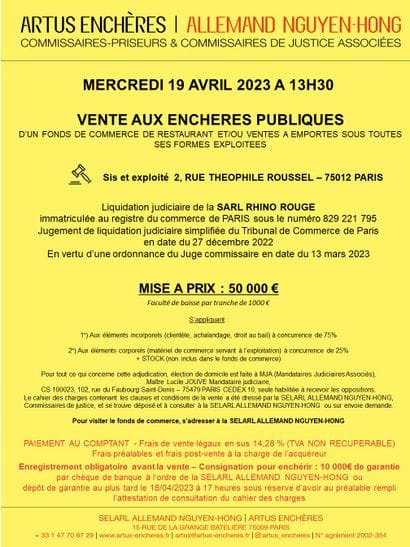 SARL RHINO ROUGE | VENTE AUX ENCHERES D'UN FONDS DE COMMERCE