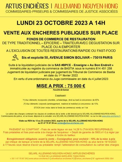 SAS #BPBE | VENTE D'UN FONDS DE COMMERCE DE RESTAURATION